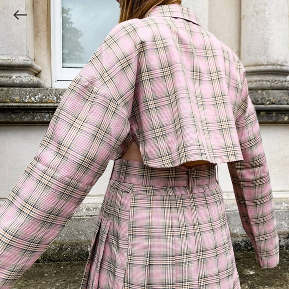 Collusion Pink Academia Plaid 90s Y2K Zip Up Cropped Shirt Size 8 NWOT - Picture 6 of 7